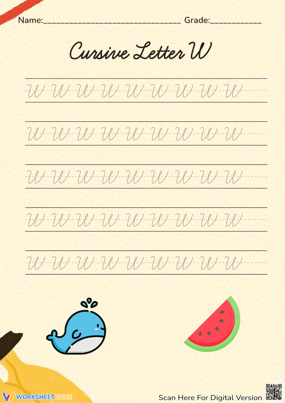 Cursive Letter W Worksheet: Watermelon Handwriting Practice - Page 1