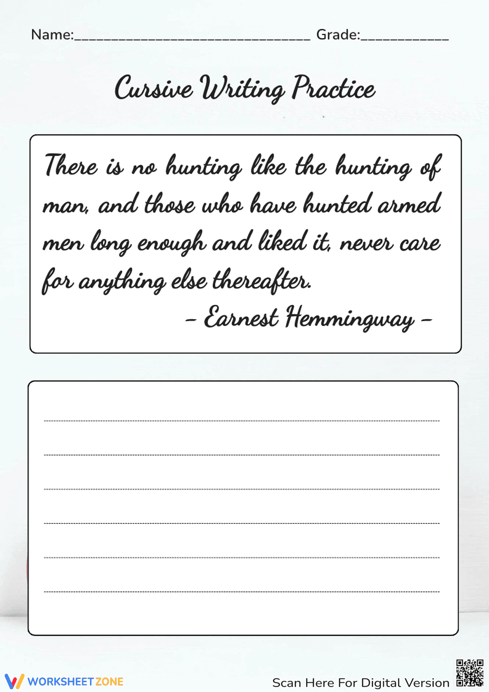 Cursive Practice for Adults With Hemingway's Quote - Page 1