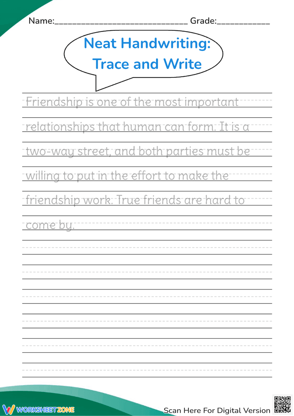 Friendship Handwriting Practice - Good Friend Traits! - Page 1