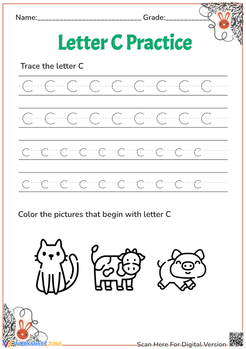 Letter C Handwriting Without Tears with Animal Coloring - Page 1