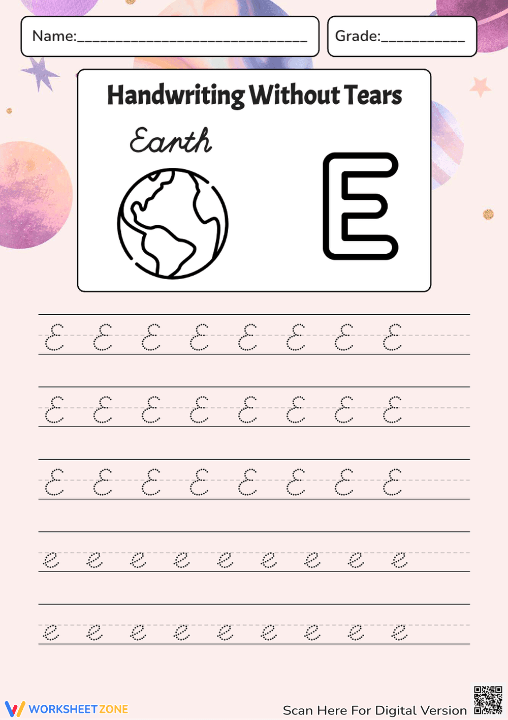 Letter E Handwriting Practice - Earth Theme Worksheet - Page 1