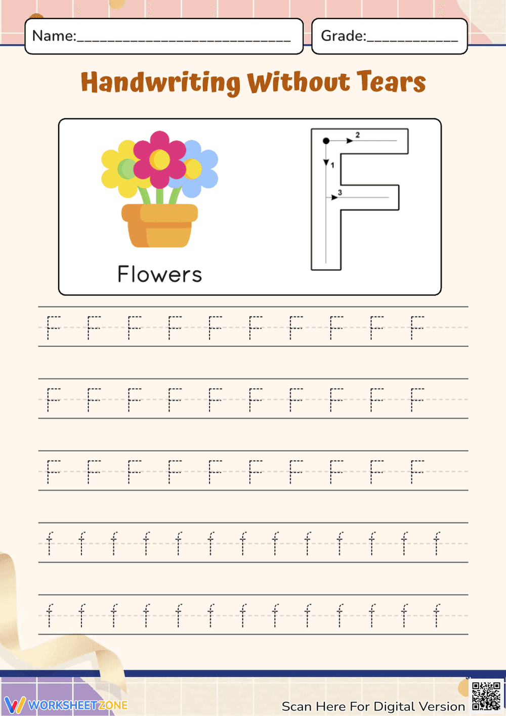 Letter F Handwriting Practice - Flowers Theme for Kindergarten - Page 1