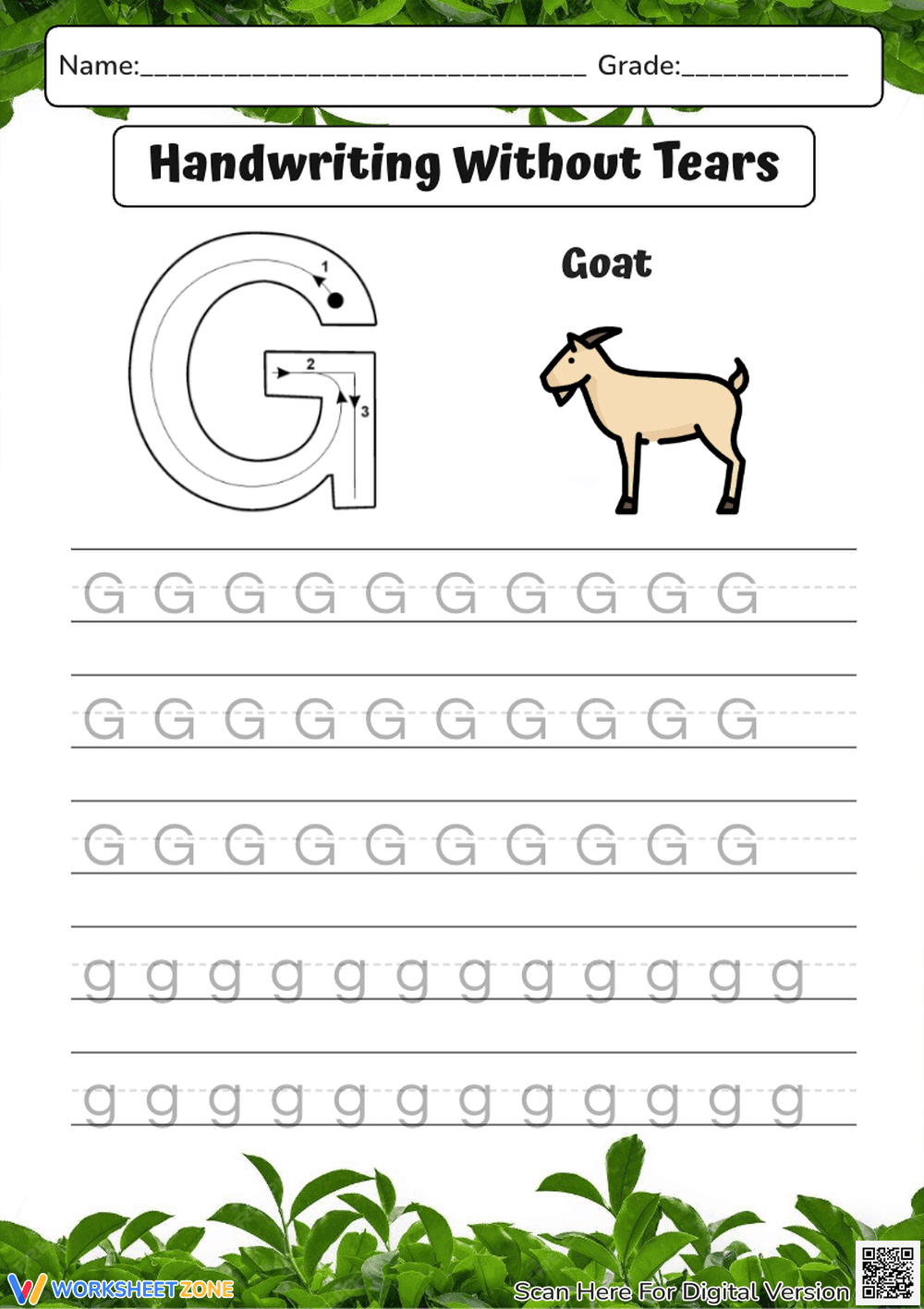 Letter G Handwriting Practice: Goat Theme - Pre-K, Kindergarten - Page 1