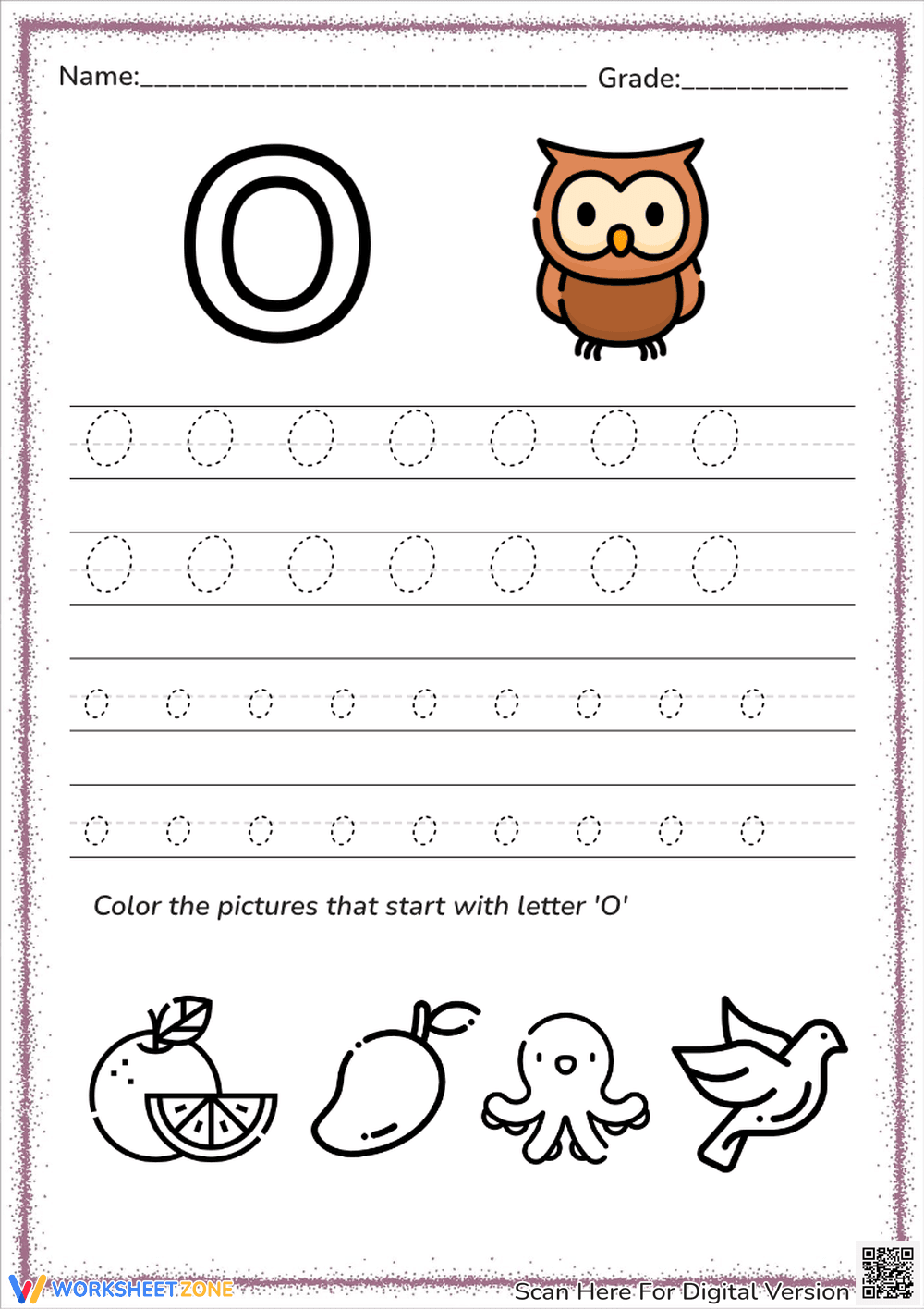 Wise Owl Letter O Handwriting Practice - Pre-K & K - Page 1