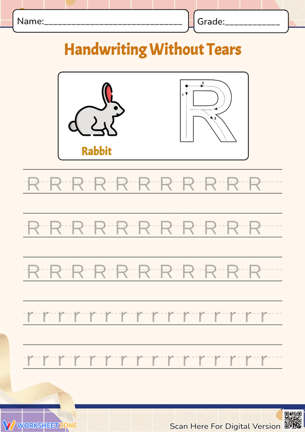 Handwriting Without Tears: Letter R Practice - Rabbit Theme - Page 1