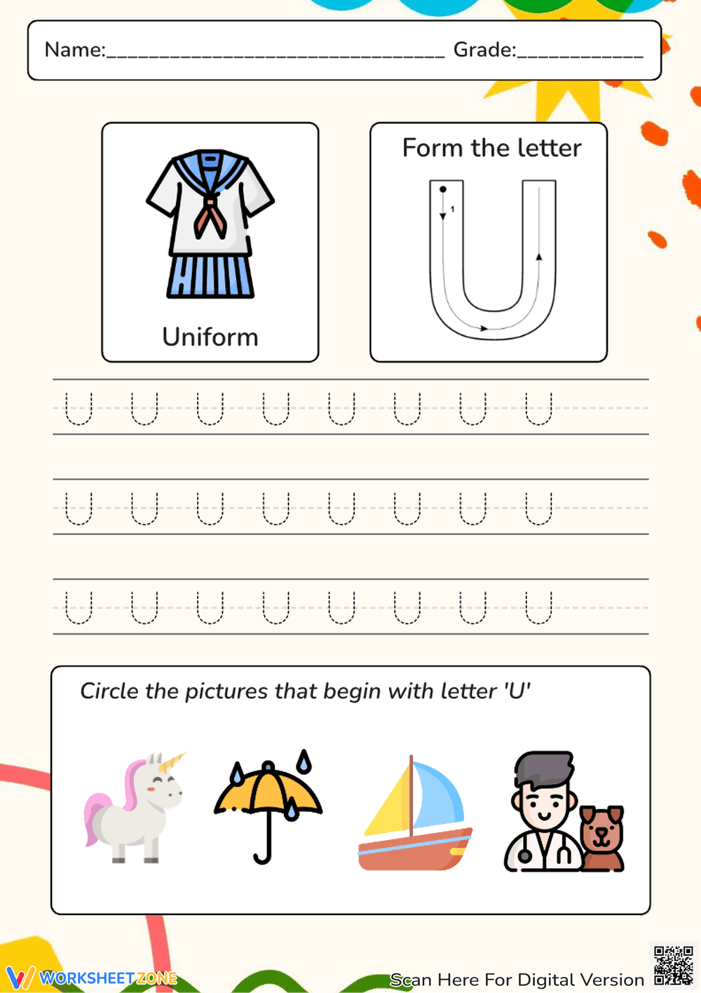 Uppercase Letter U Handwriting Practice Worksheet - Page 1