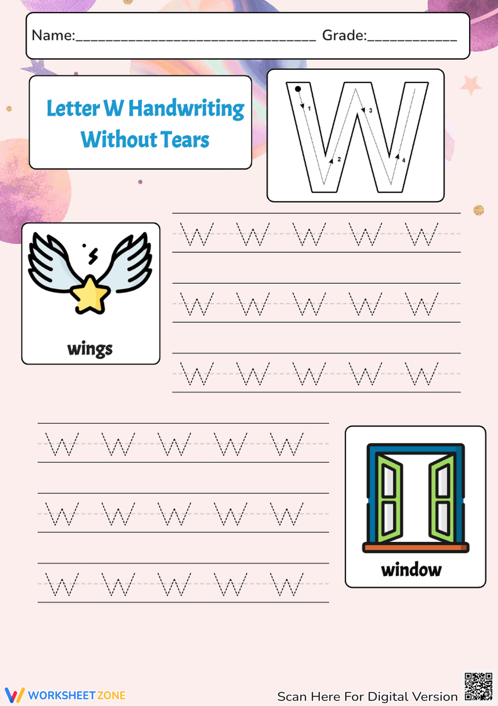 W is for Wings & Windows: Handwriting Practice - WorksheetZone - Page 1