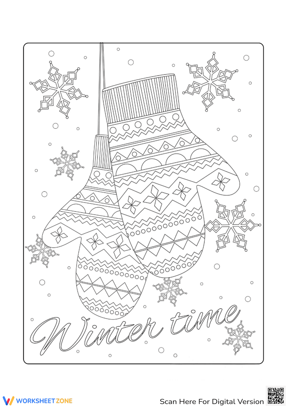 Cozy Mittens and Snowflakes Coloring - Page 1