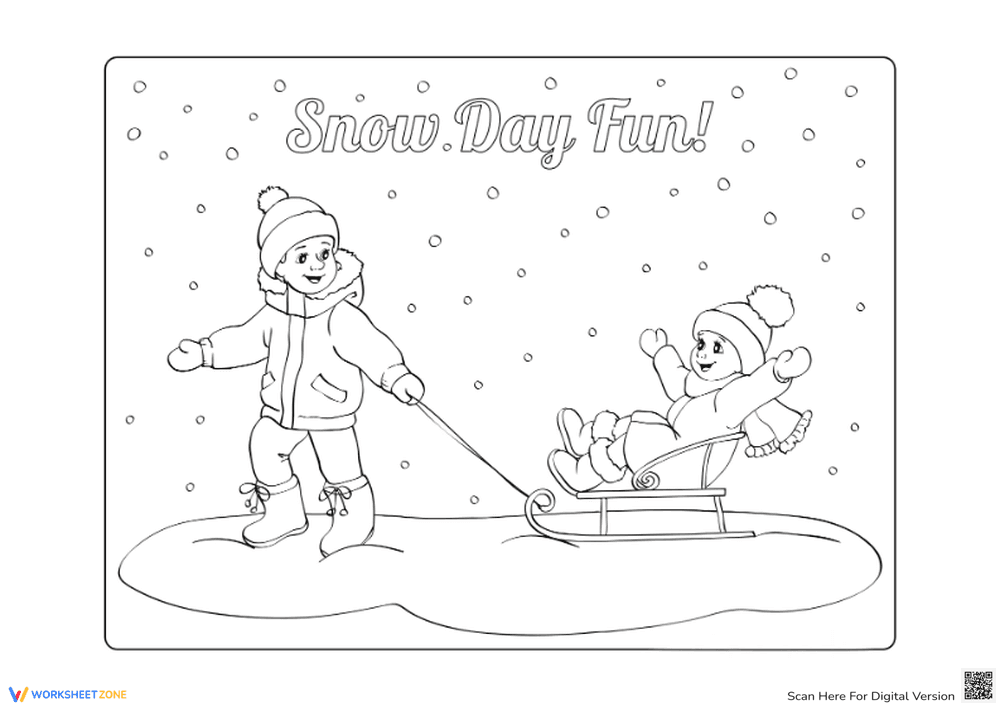Winter Coloring Fun: Kids Play in Snow Day - Page 1
