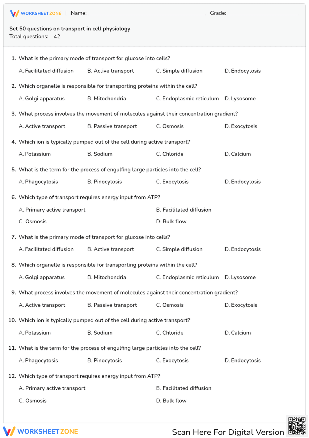 Set 50 Questions on Transport in Cell Physiology - Page 1