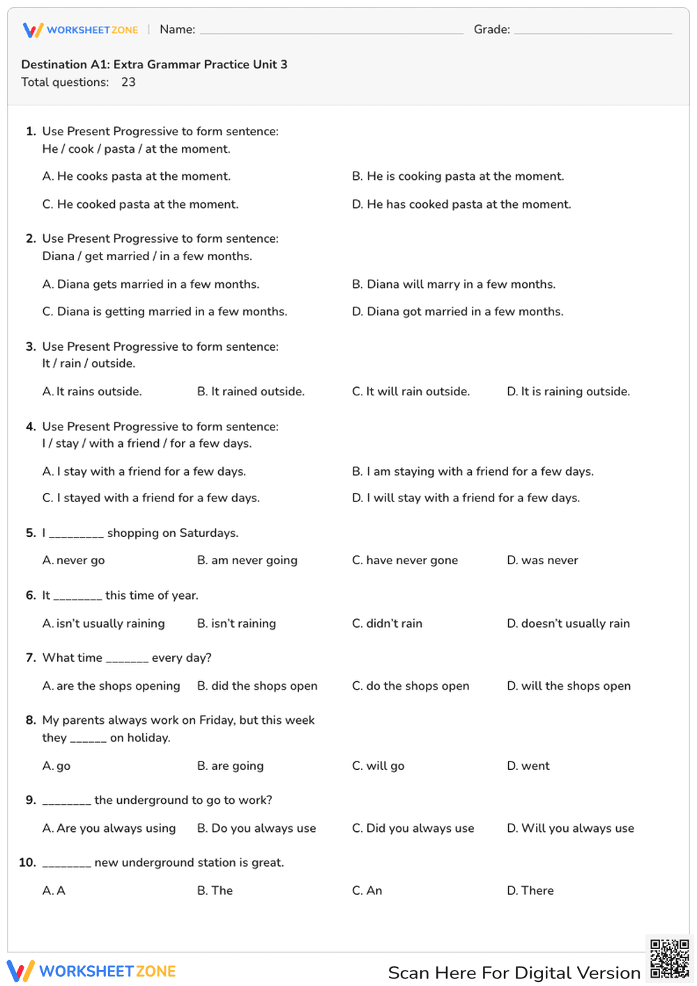 Destination A1: Extra Grammar Practice Unit 3 - Page 1