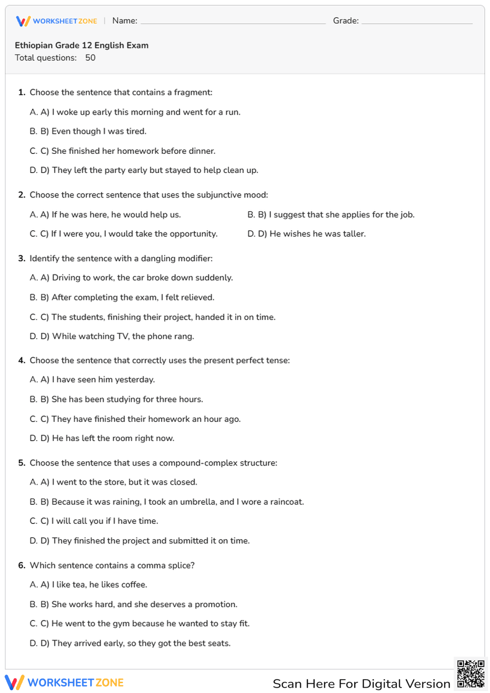 Ethiopian Grade 12 English Exam - Page 1