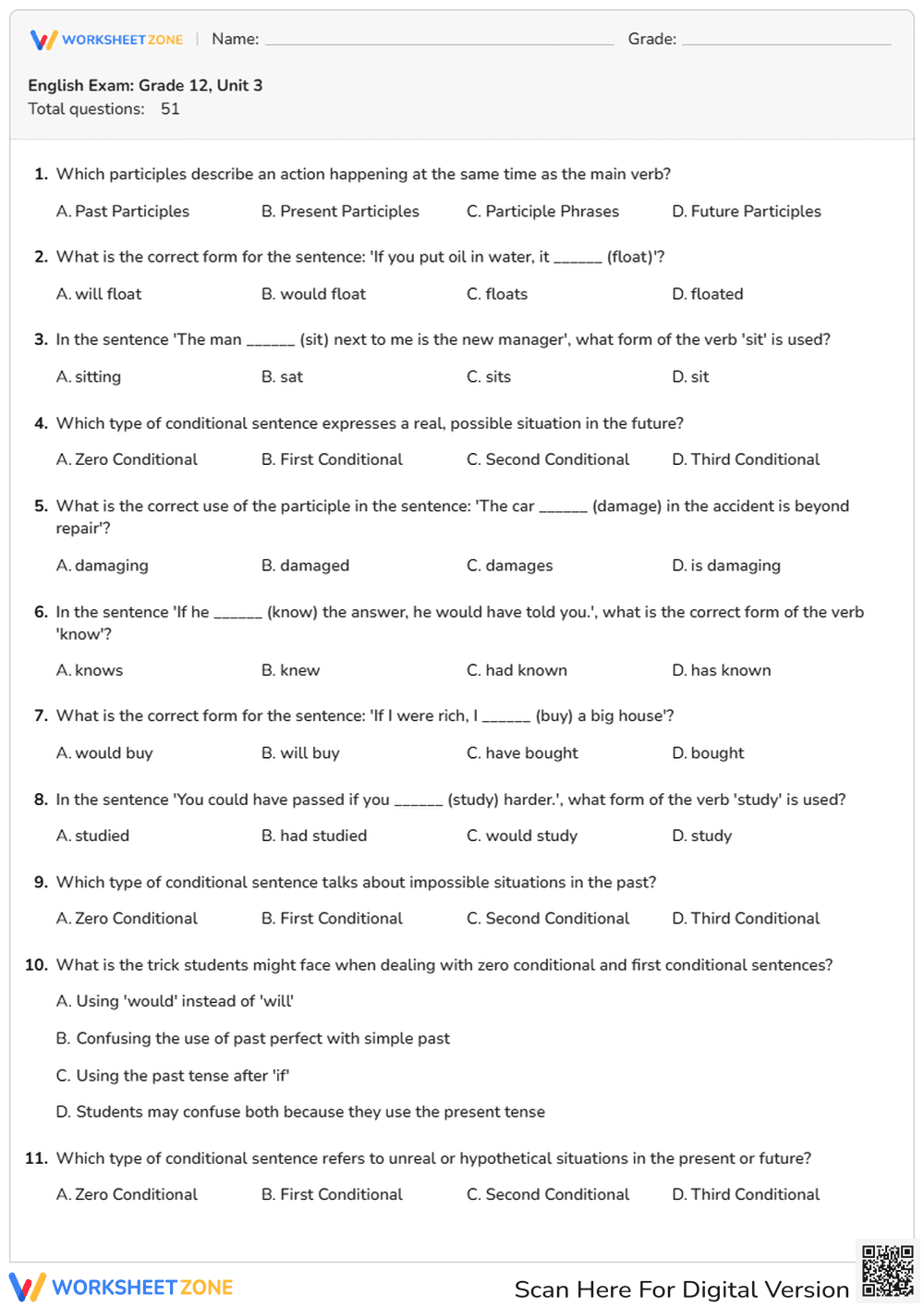 English Exam: Grade 12, Unit 3 - Page 1