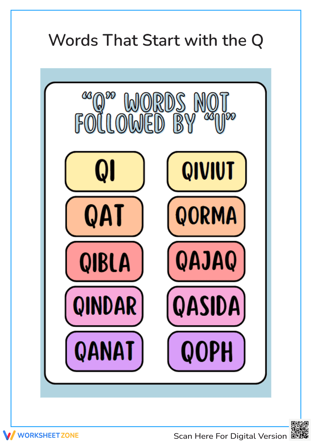 Unique Q Words Worksheet - Page 1