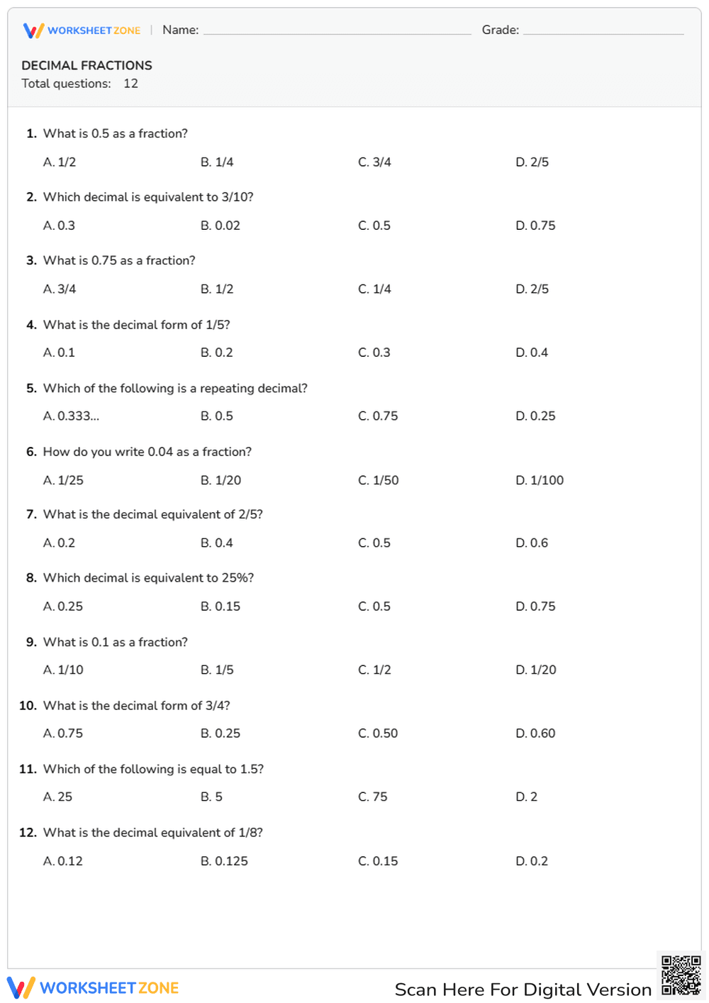 DECIMAL FRACTIONS - Page 1