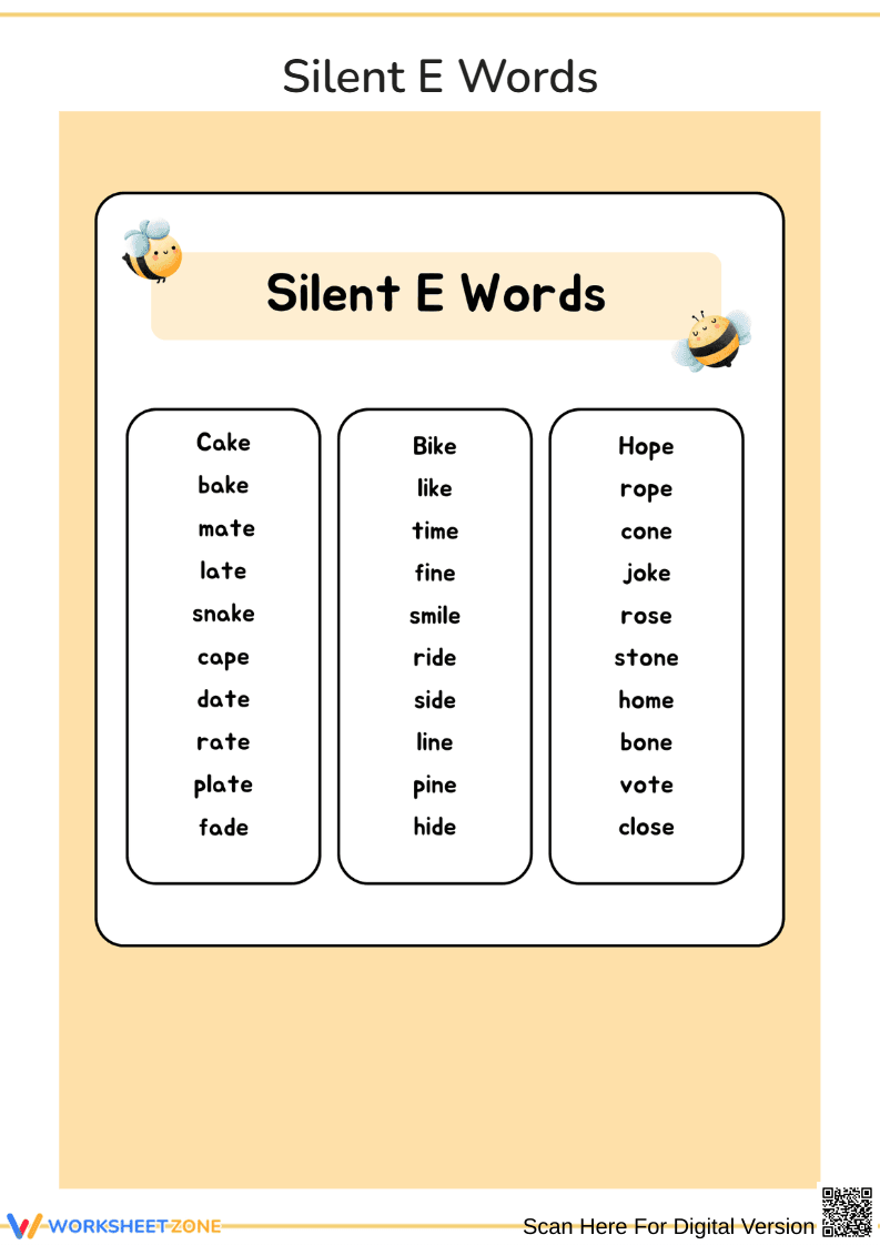 Silent E Words Worksheet - Page 1
