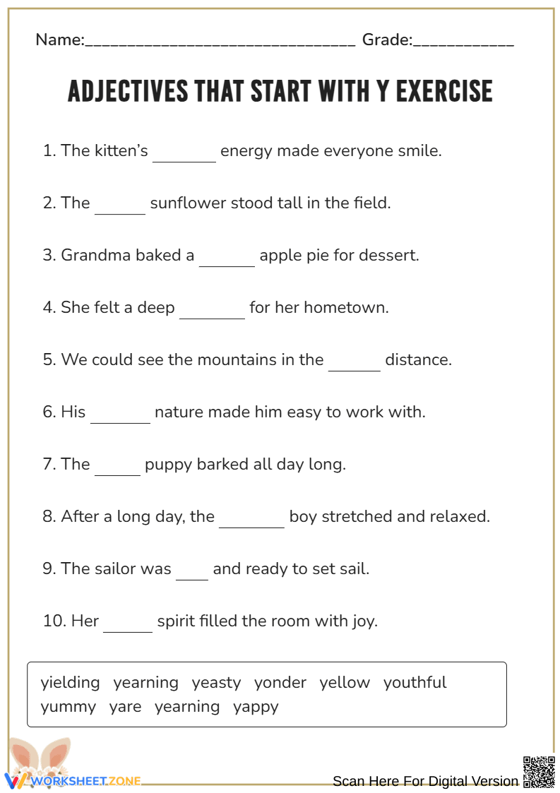 Adjectives That Start With Y Fill-in-the-Blank Exercise - Page 1