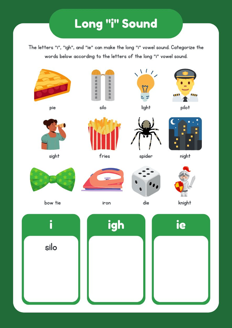 Long I Sound Sorting Worksheet - Page 1
