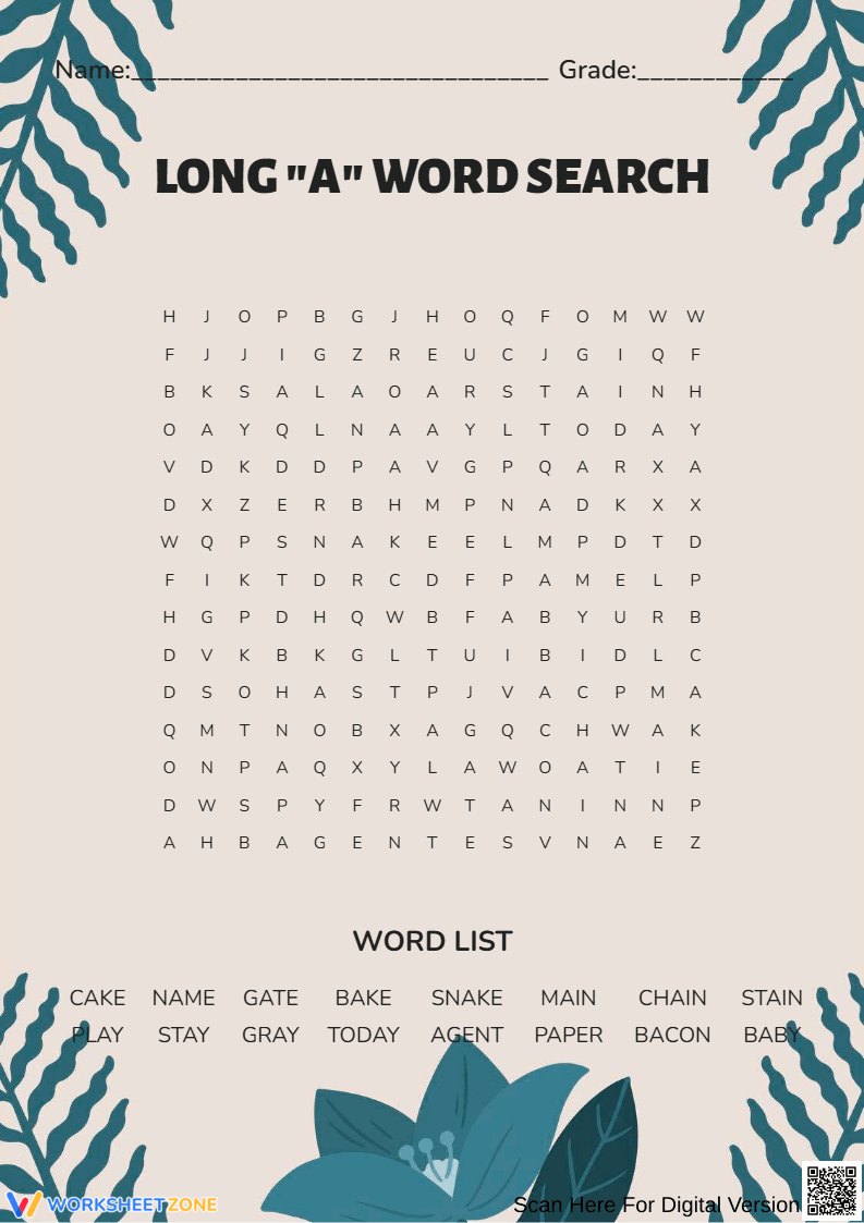 Long A Word Search: Fun Phonics Practice for Kids - Page 1