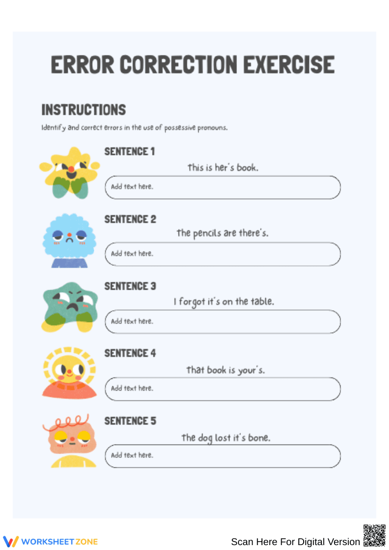 Possessive Pronouns Error Correction Worksheet - Page 1