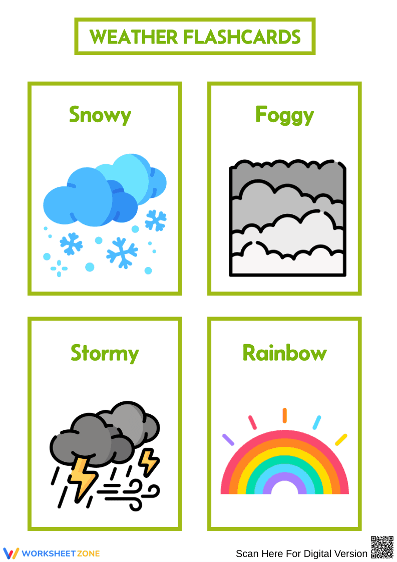Flashcards About Weather – Snowy, Foggy, Stormy & Rainbow Set - Page 1