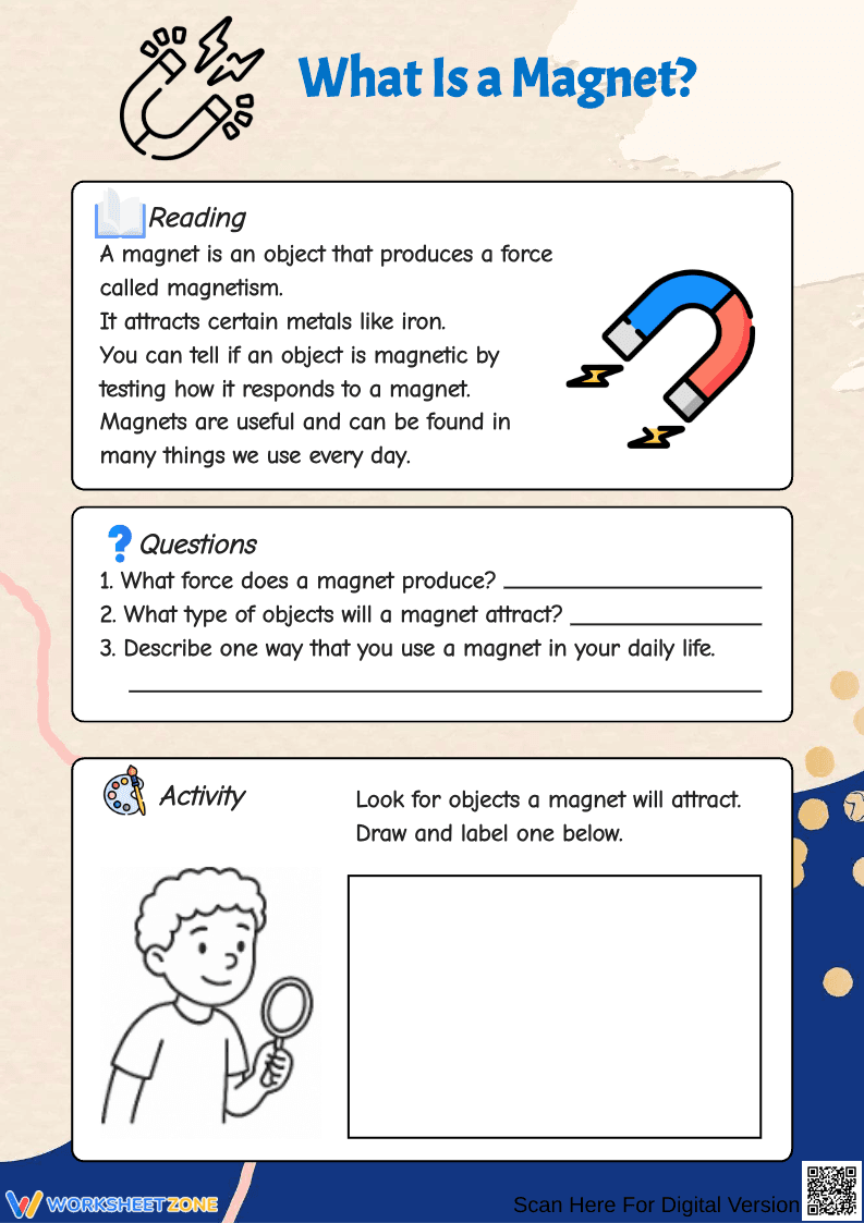 Magnet Worksheet for Kids – Science Reading and Magnetism Activity - Page 1