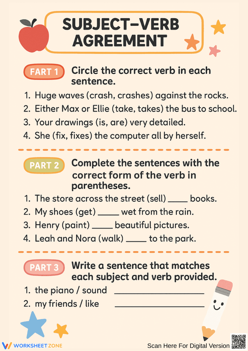 Subject-Verb Agreement Practice Worksheet - Page 1