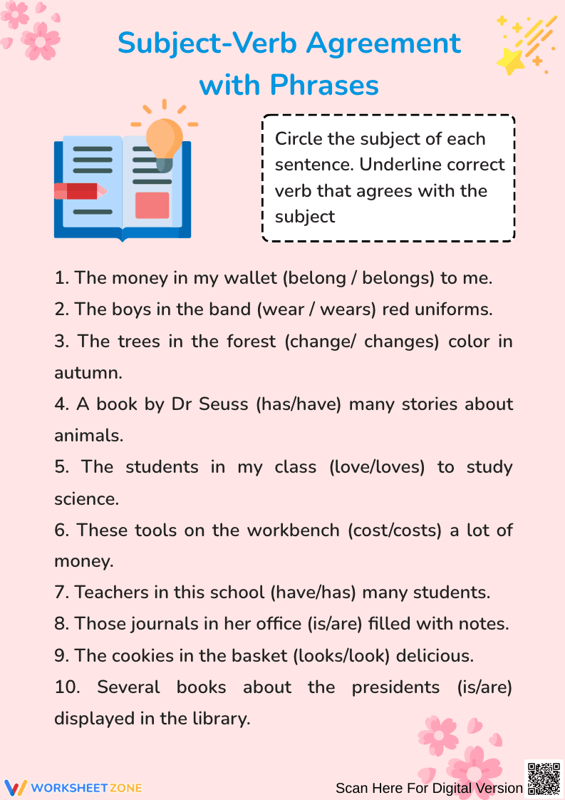Subject-Verb Agreement with Phrases Worksheet - Page 1