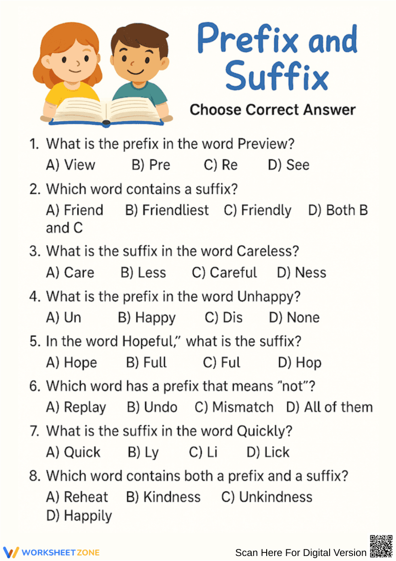 Identify Prefixes and Suffixes: Multiple Choice Worksheet - Page 1