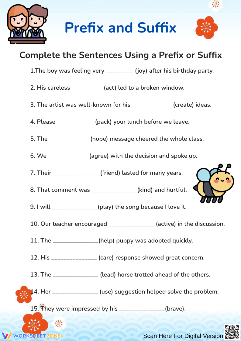 Prefix and Suffix Sentence Completion Worksheet - Page 1