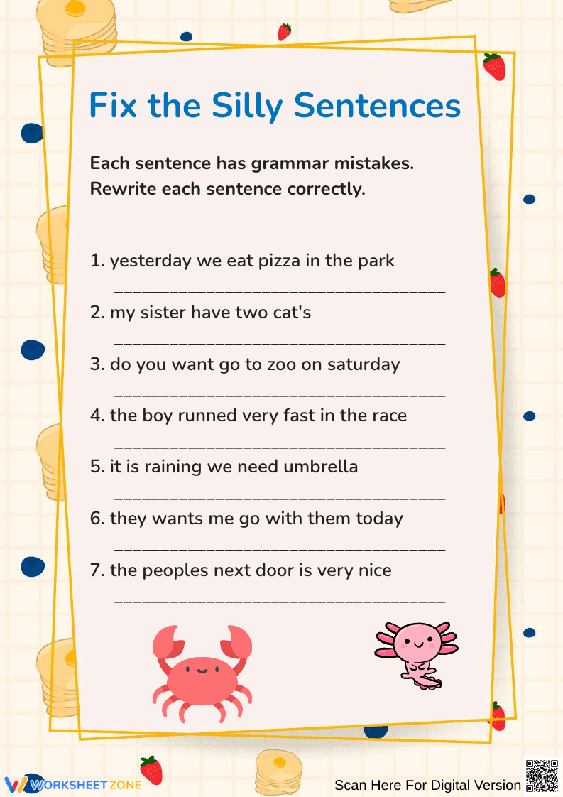 Fix the Silly Sentences Grammar Worksheet - Page 1
