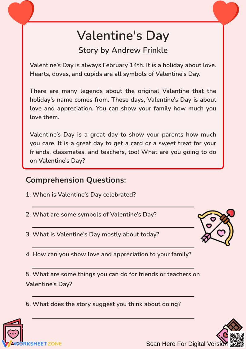 Valentine's Day Reading Comprehension Worksheet - Page 1