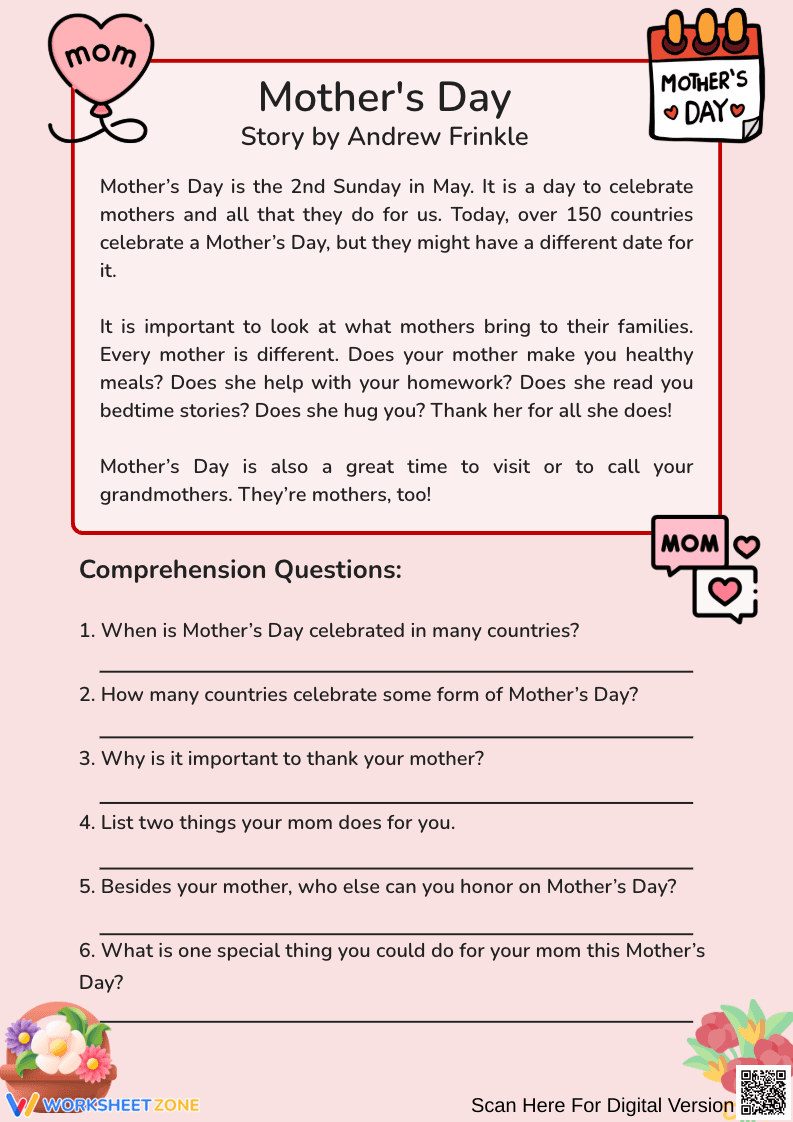 Mother’s Day Reading Comprehension Worksheet for Grades 2-4 - Page 1