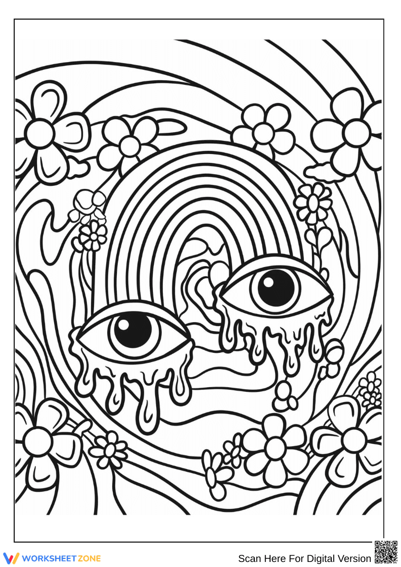 Psychedelic Rainbow and Eyes Coloring Page for Adults - Page 1
