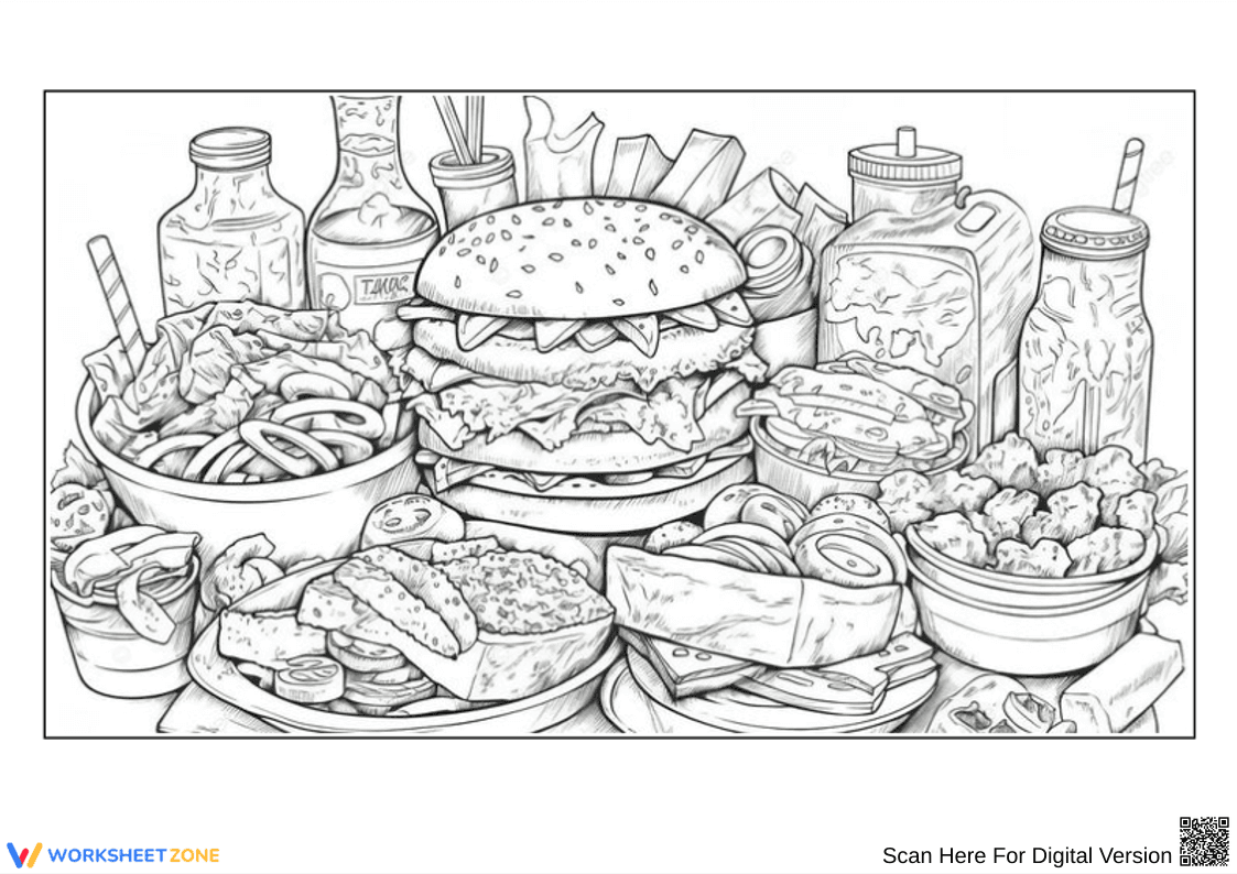 Fast Food Feast Coloring Page for Adults – Burger, Fries & More - Page 1