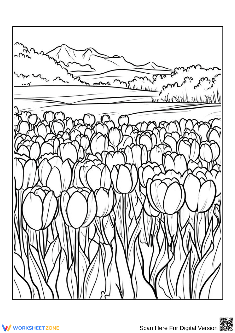 Tulip Field Coloring Page for Adults - Page 1