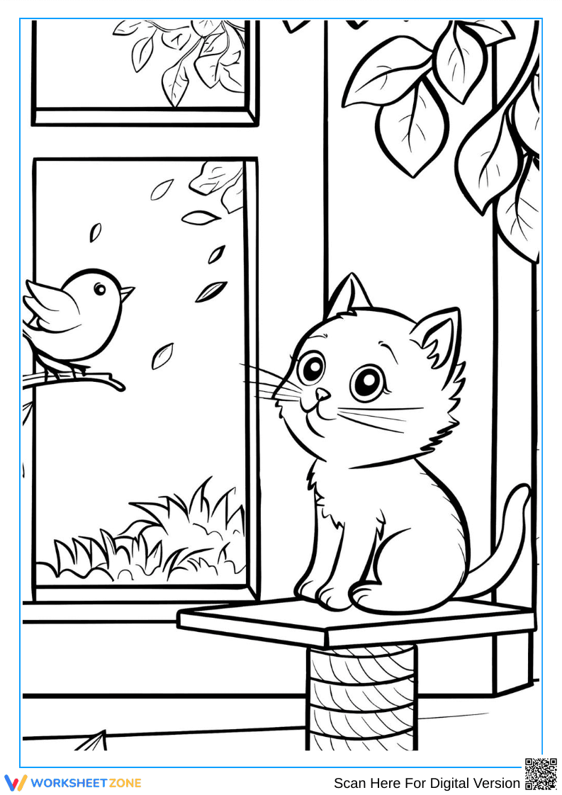 Kitten Watching Bird at the Window Coloring Page - Page 1