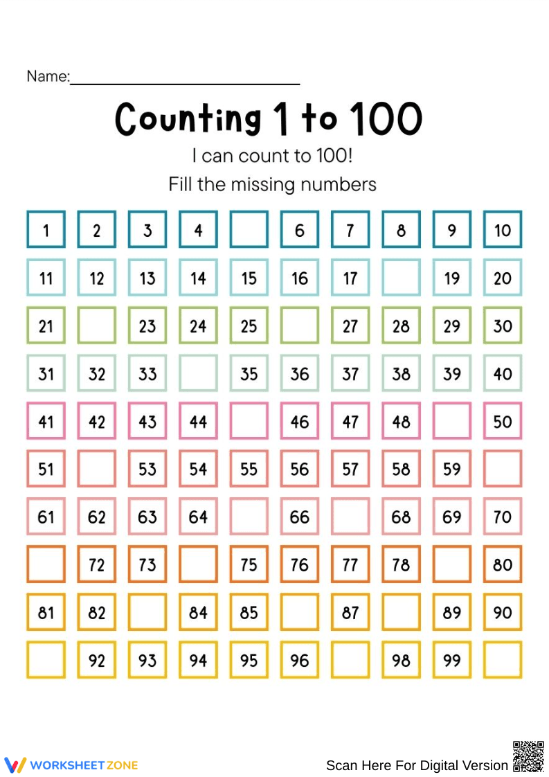 Counting 1 to 100 Missing Numbers - Page 1