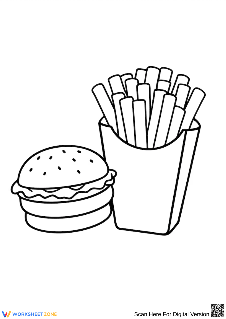 Burger and French Fries Coloring Page for Kids - Page 1
