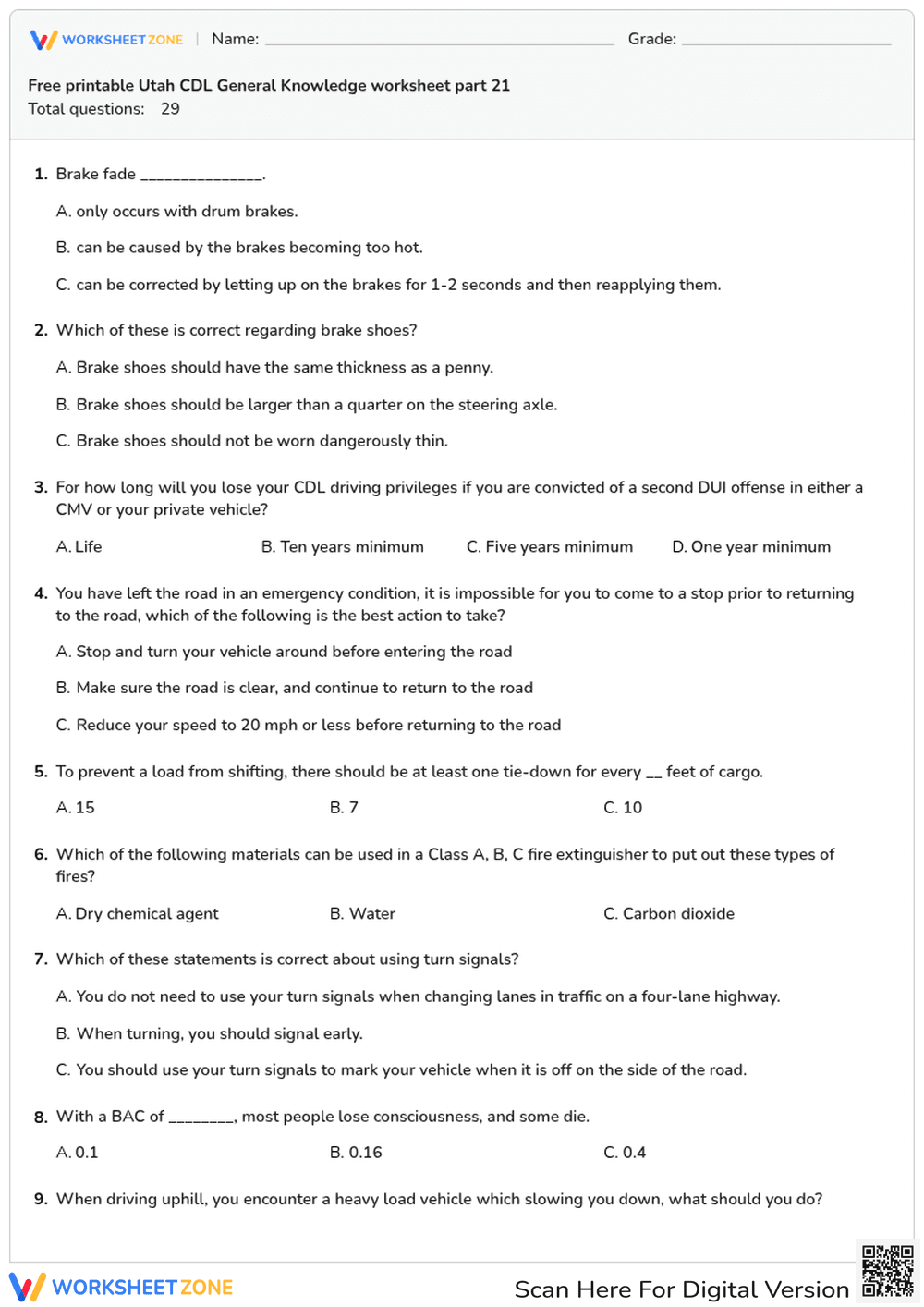 Free printable Utah CDL General Knowledge worksheet part 21