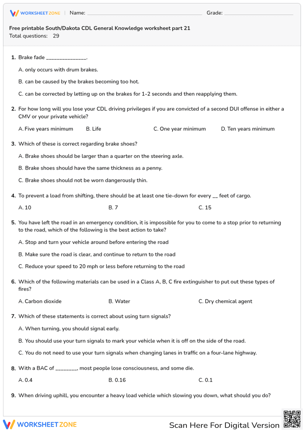 Free printable South/Dakota CDL General Knowledge worksheet part 21