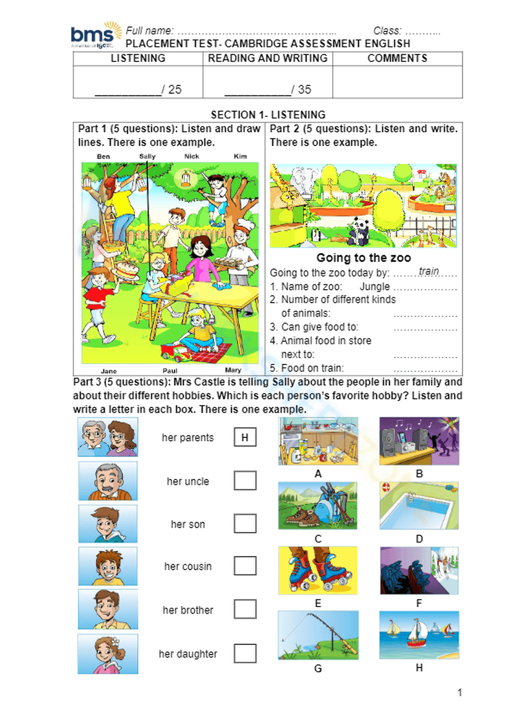 English Test: Listening, Reading & Writing - Page 1
