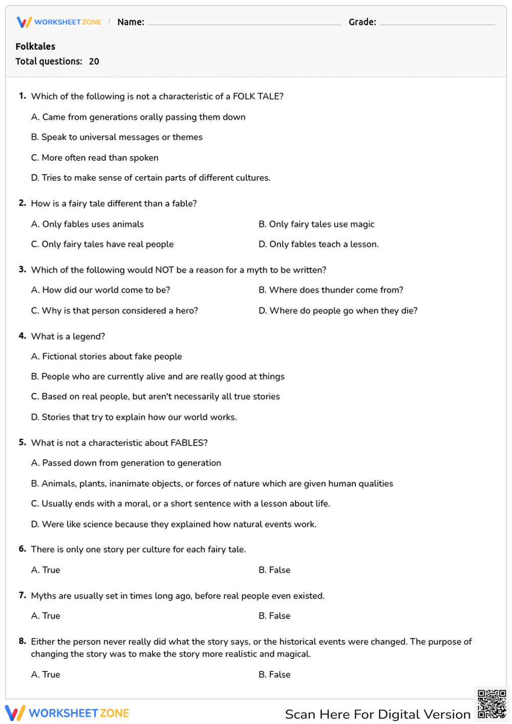 Folktales, Myths, and Fables Quiz - Page 1