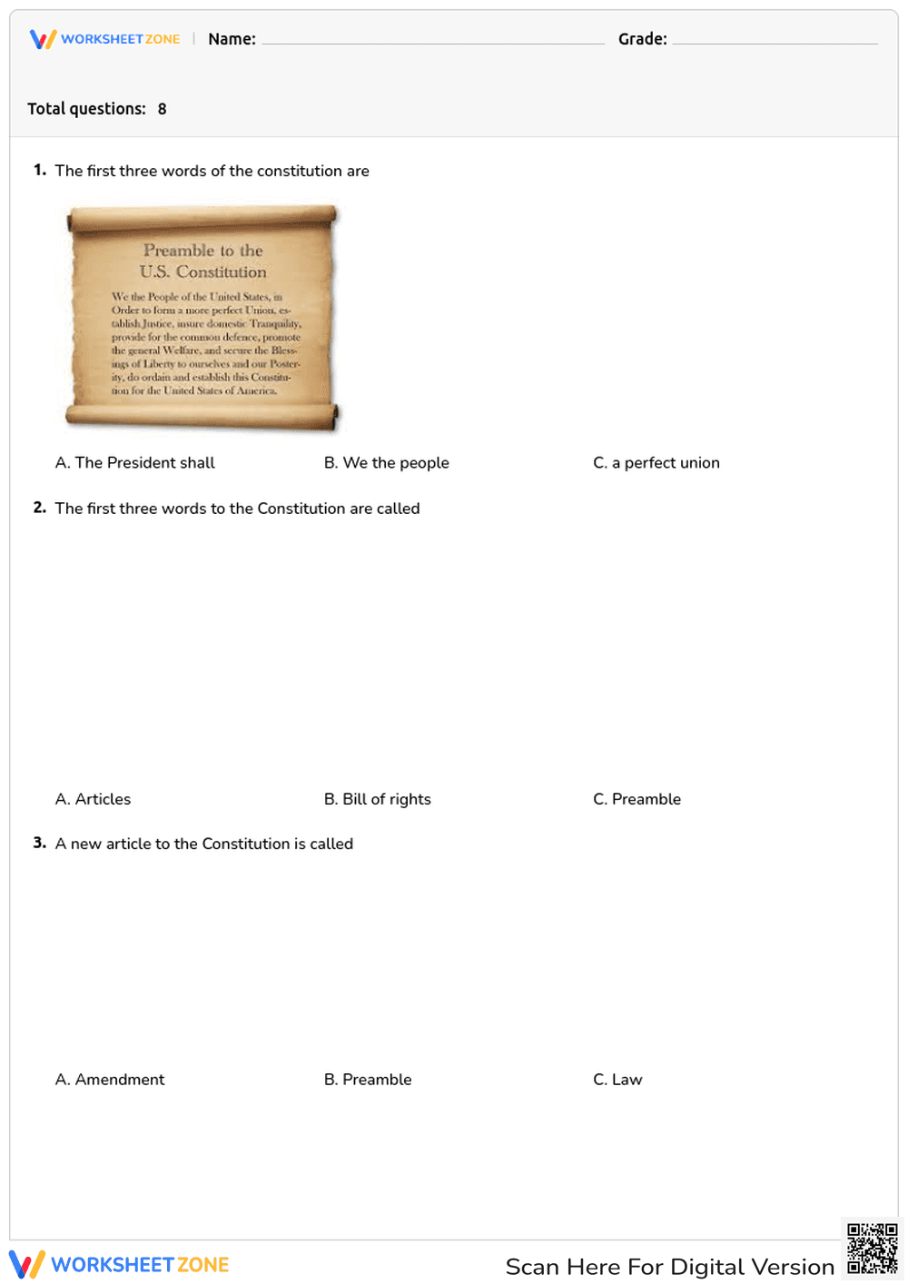 U.S. Constitution Preamble Worksheet - Page 1