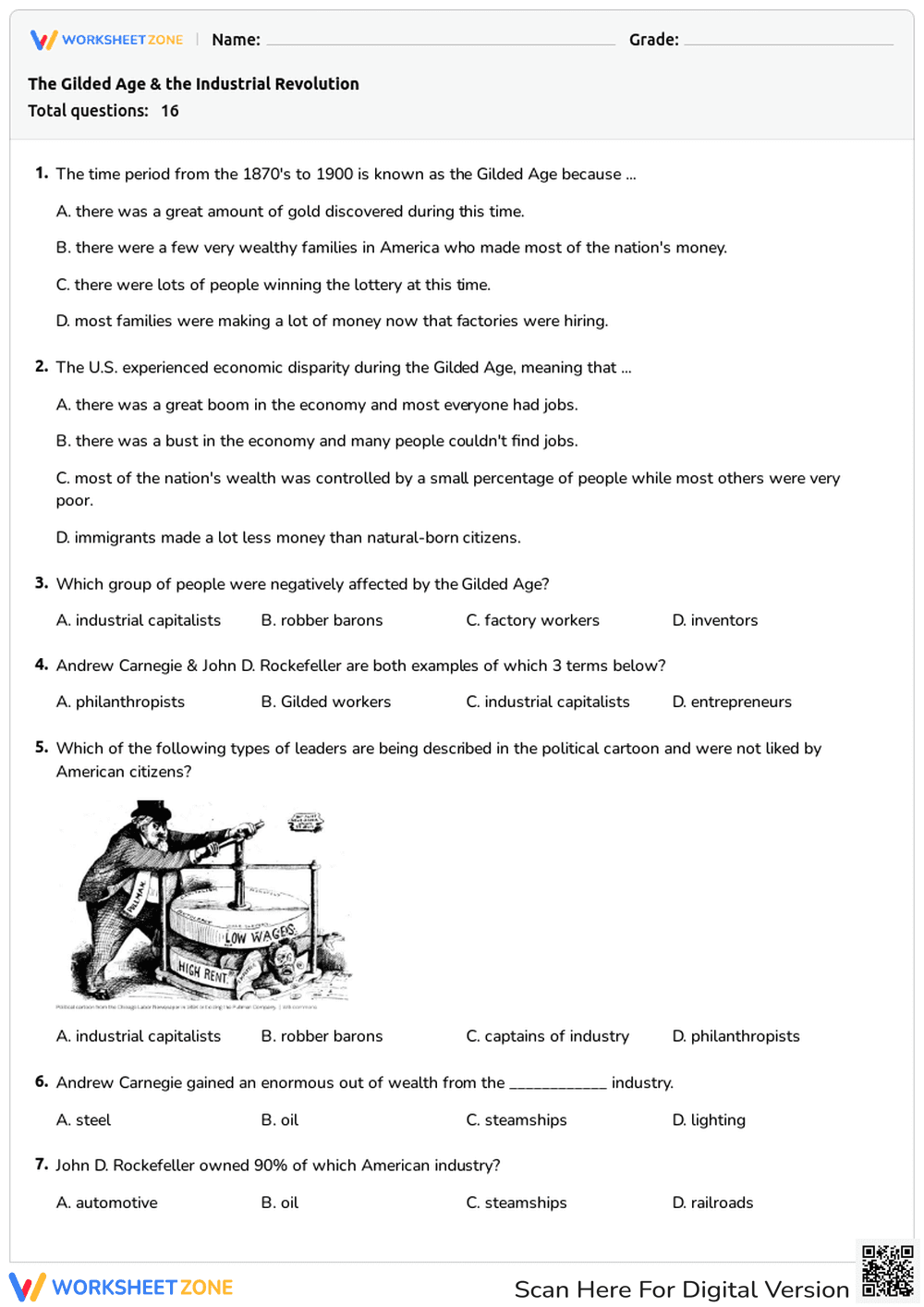 Gilded Age and Industrial Revolution Quiz - Page 1