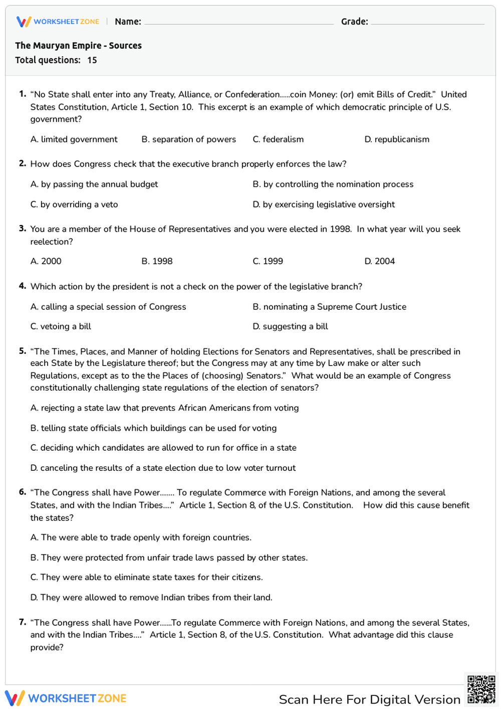 U.S. Constitution Principles Quiz - Page 1