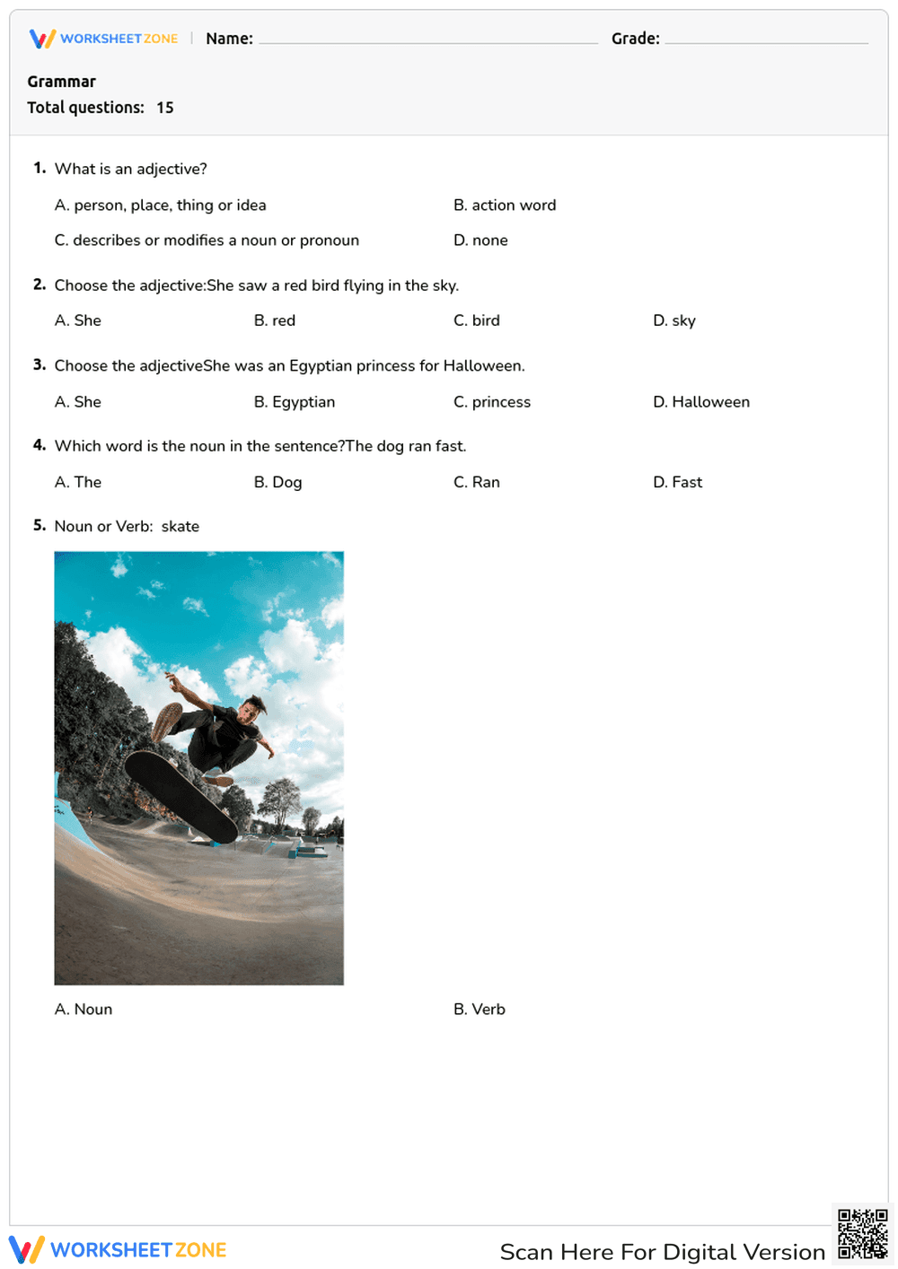 Nouns, Verbs, and Adjectives Practice - Page 1