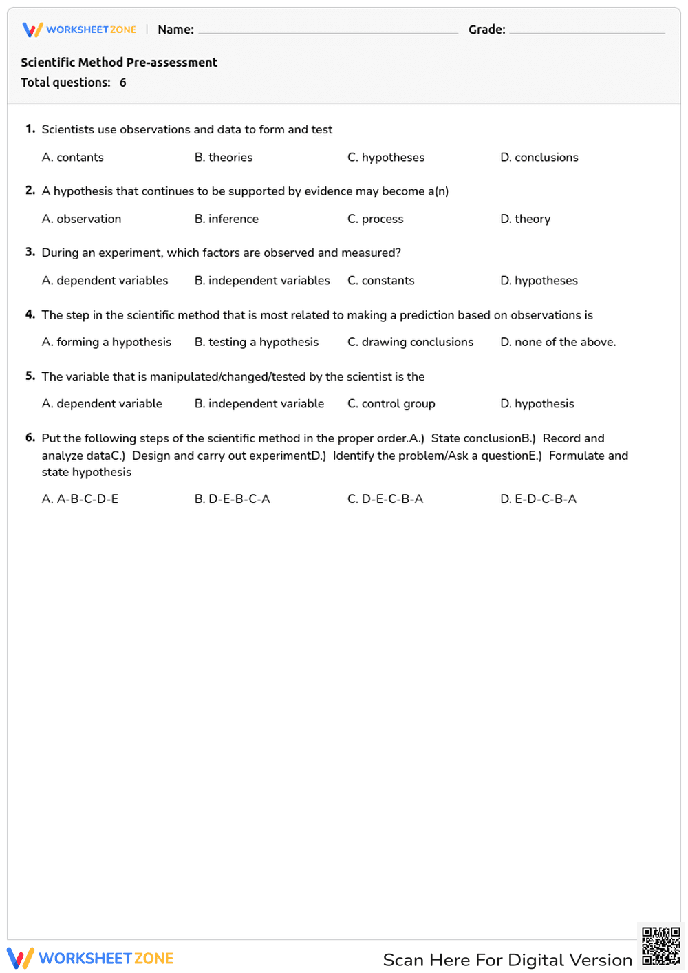Scientific Method Pre-assessment - Page 1