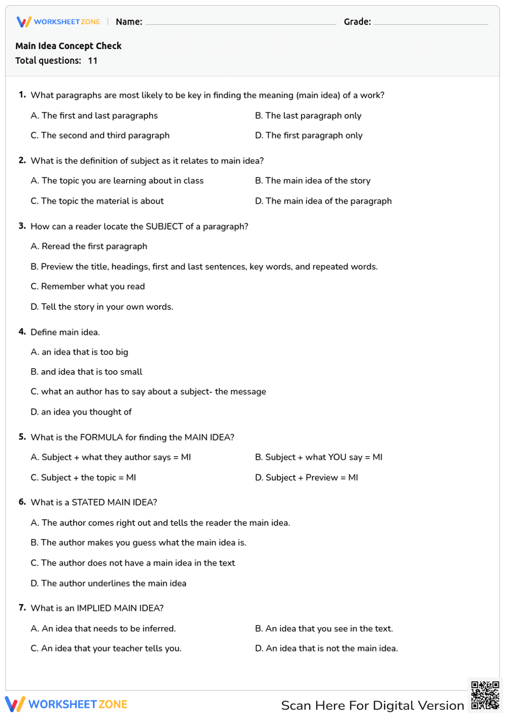 Main Idea Concept Check: Subject and Implied Meaning - Page 1