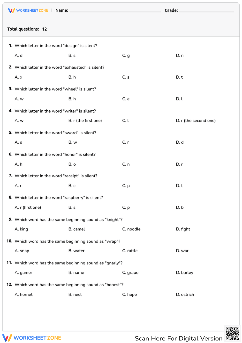 Silent Letters and Phonetics Worksheet - Page 1